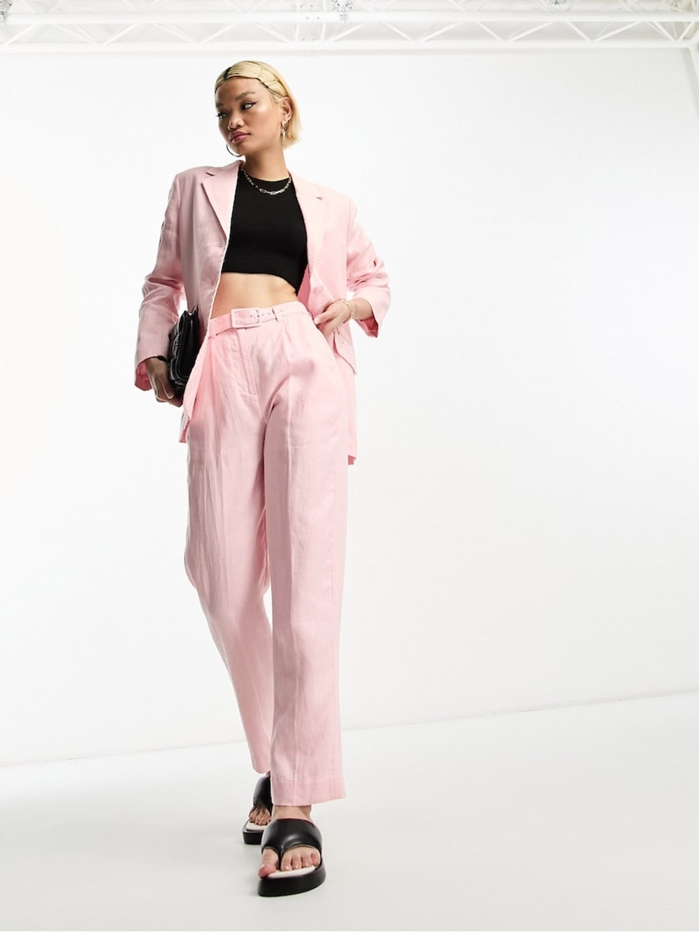 & Other Stories Blush Linen Belted Wide-Leg Trousers
